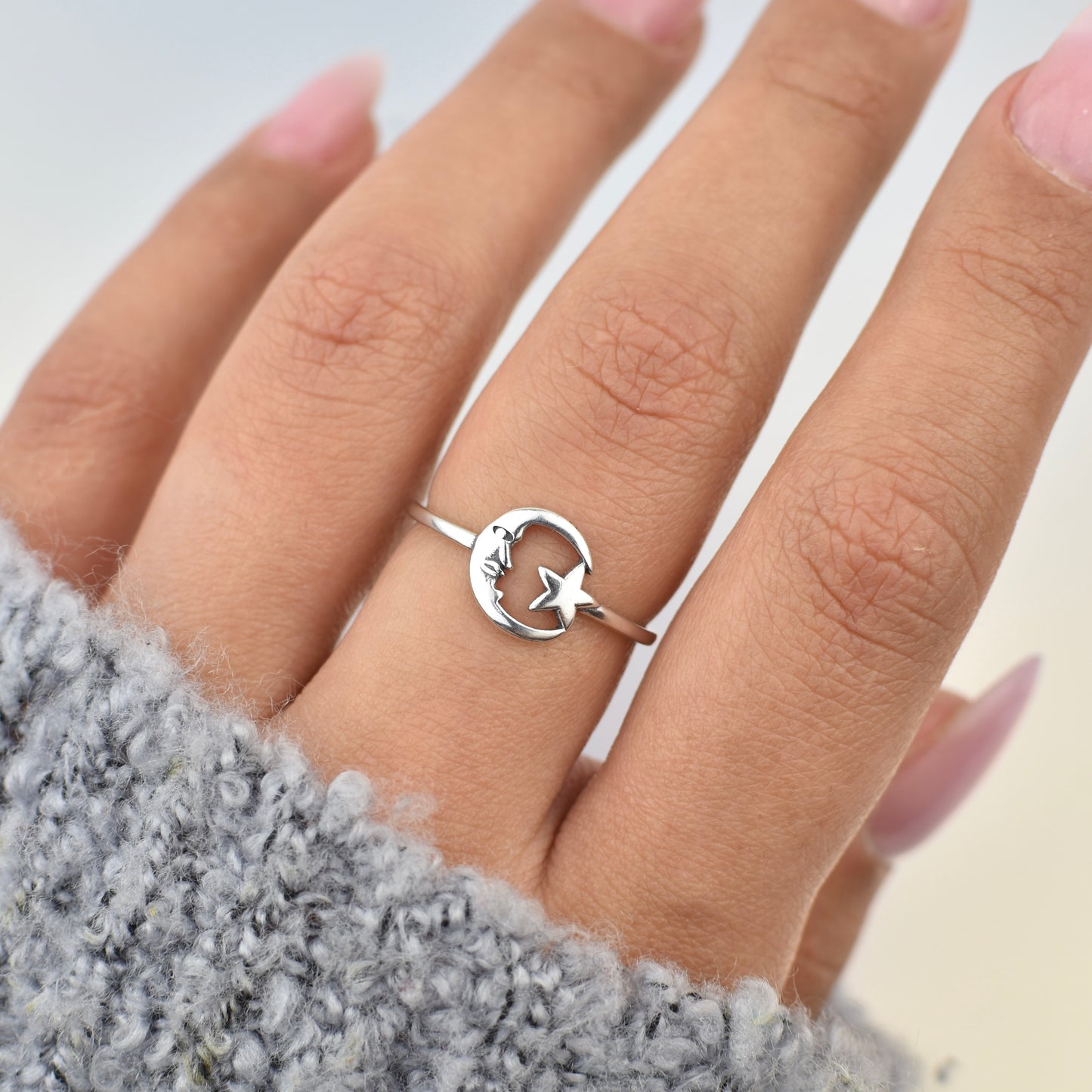 Crescent Moon and Star Ring Sterling Silver