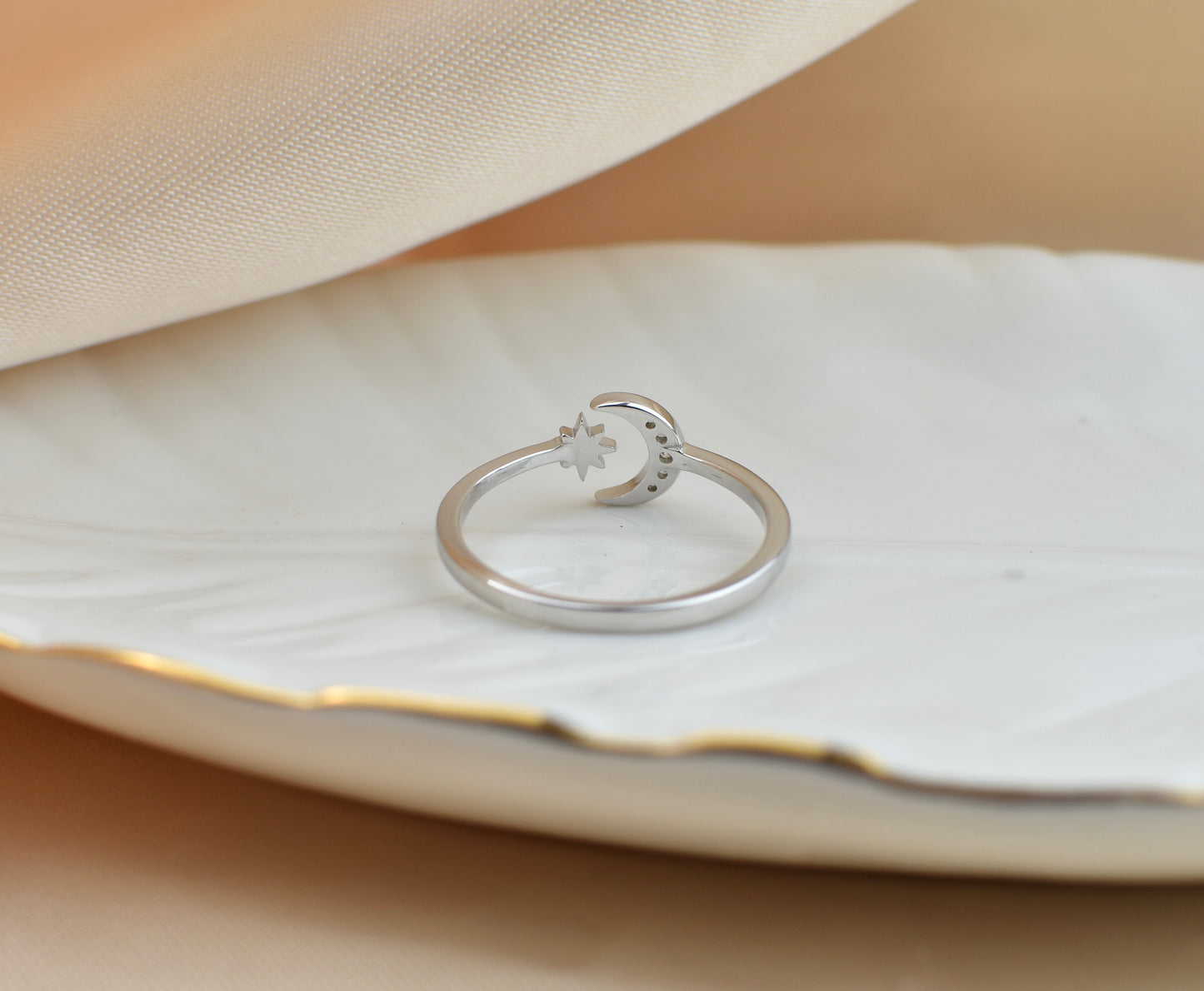 Cz Sterling Silver Crescent Moon and Star Ring