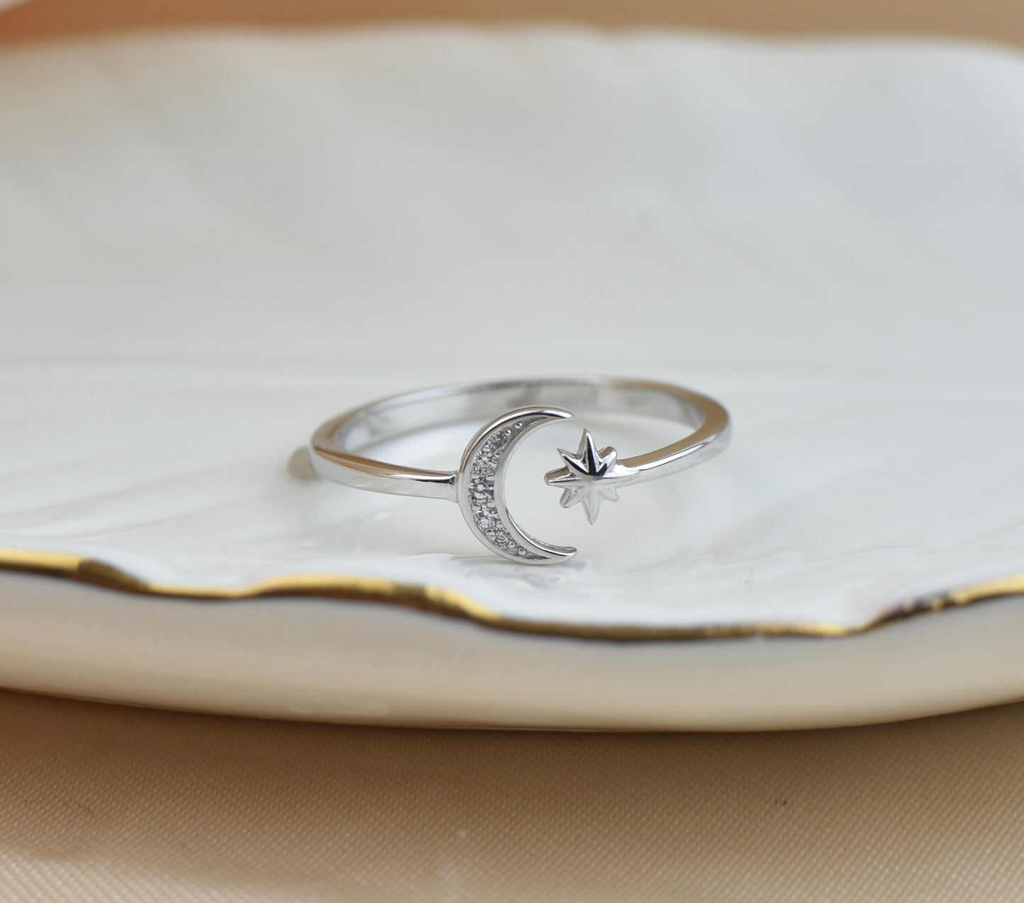 Cz Sterling Silver Crescent Moon and Star Ring