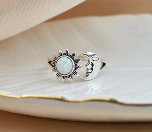 White Opal Moon and Star Sterling Silver Ring