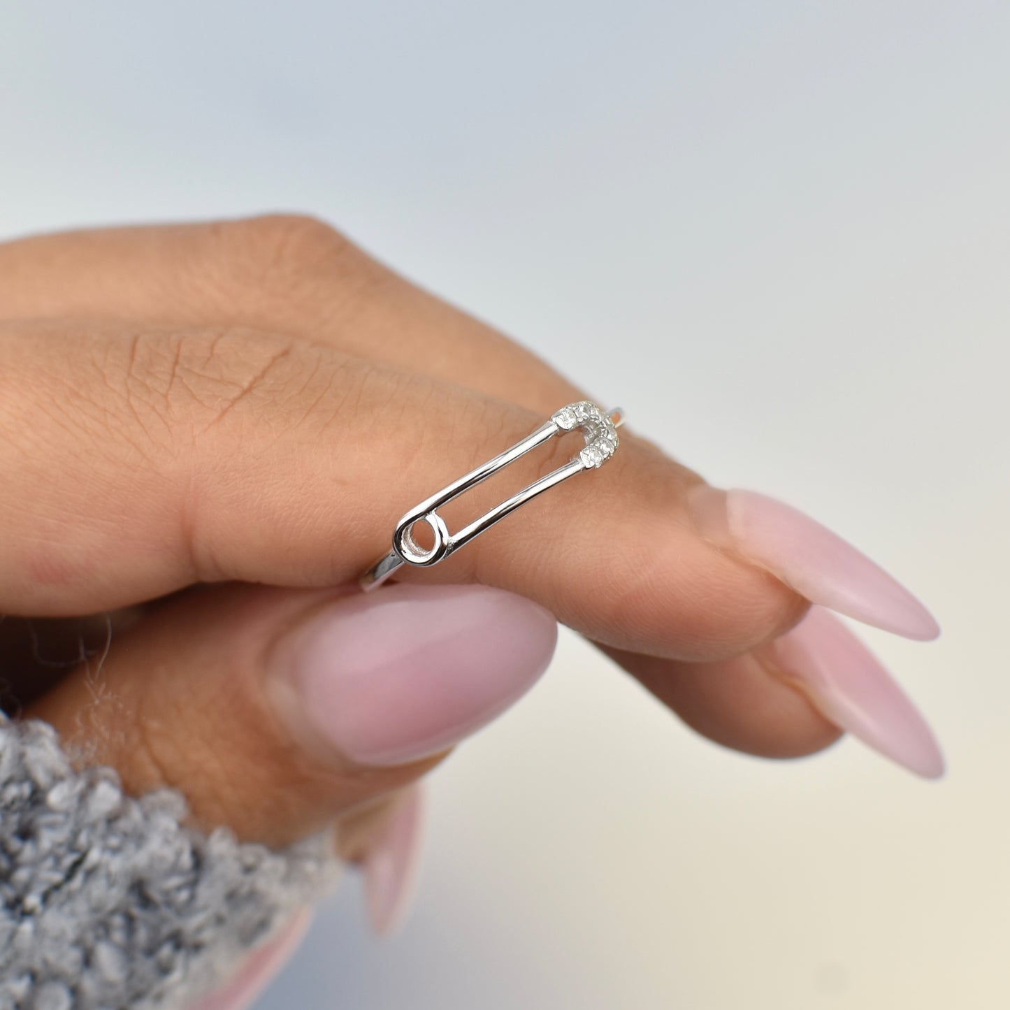 CZ Safety Pin Sterling Silver Ring