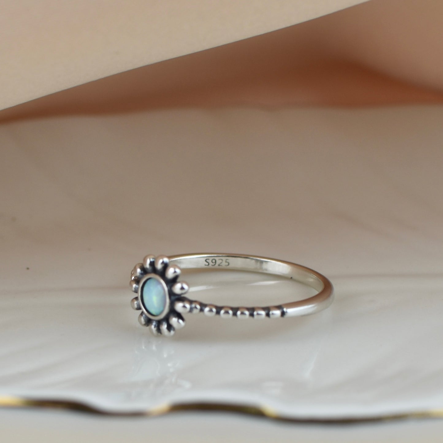 White Opal Flower Sterling Silver Ring