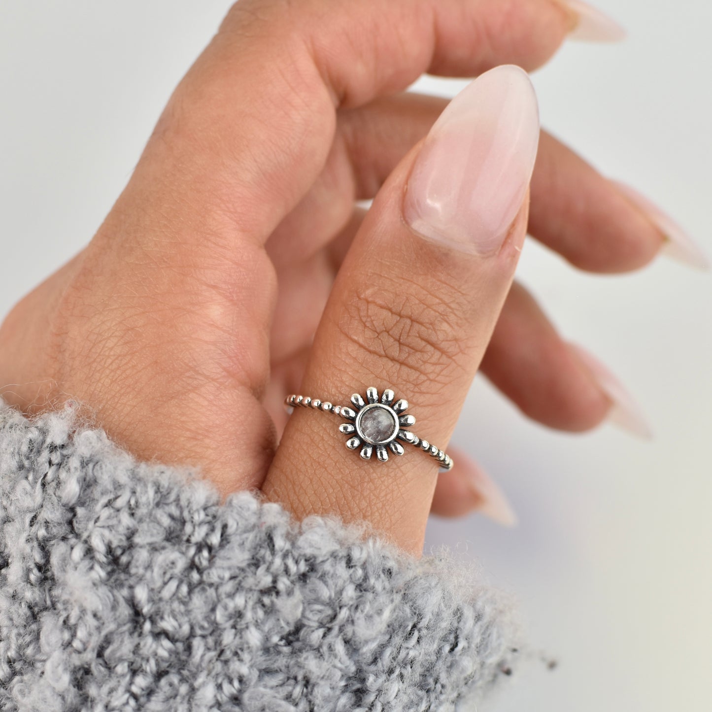 Flower Moonstone Sterling Silver Ring