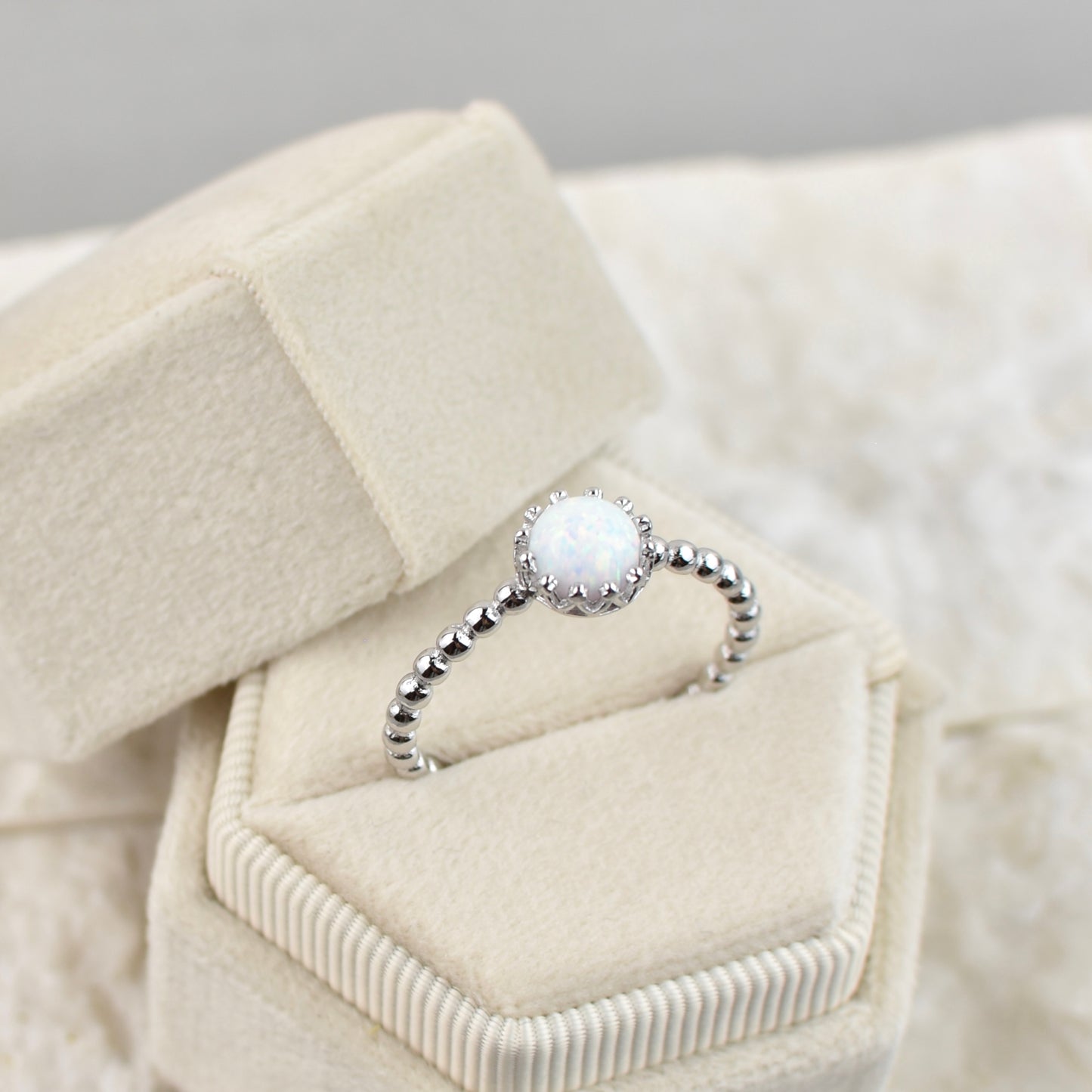 White Opal Circle Sterling Silver Ring