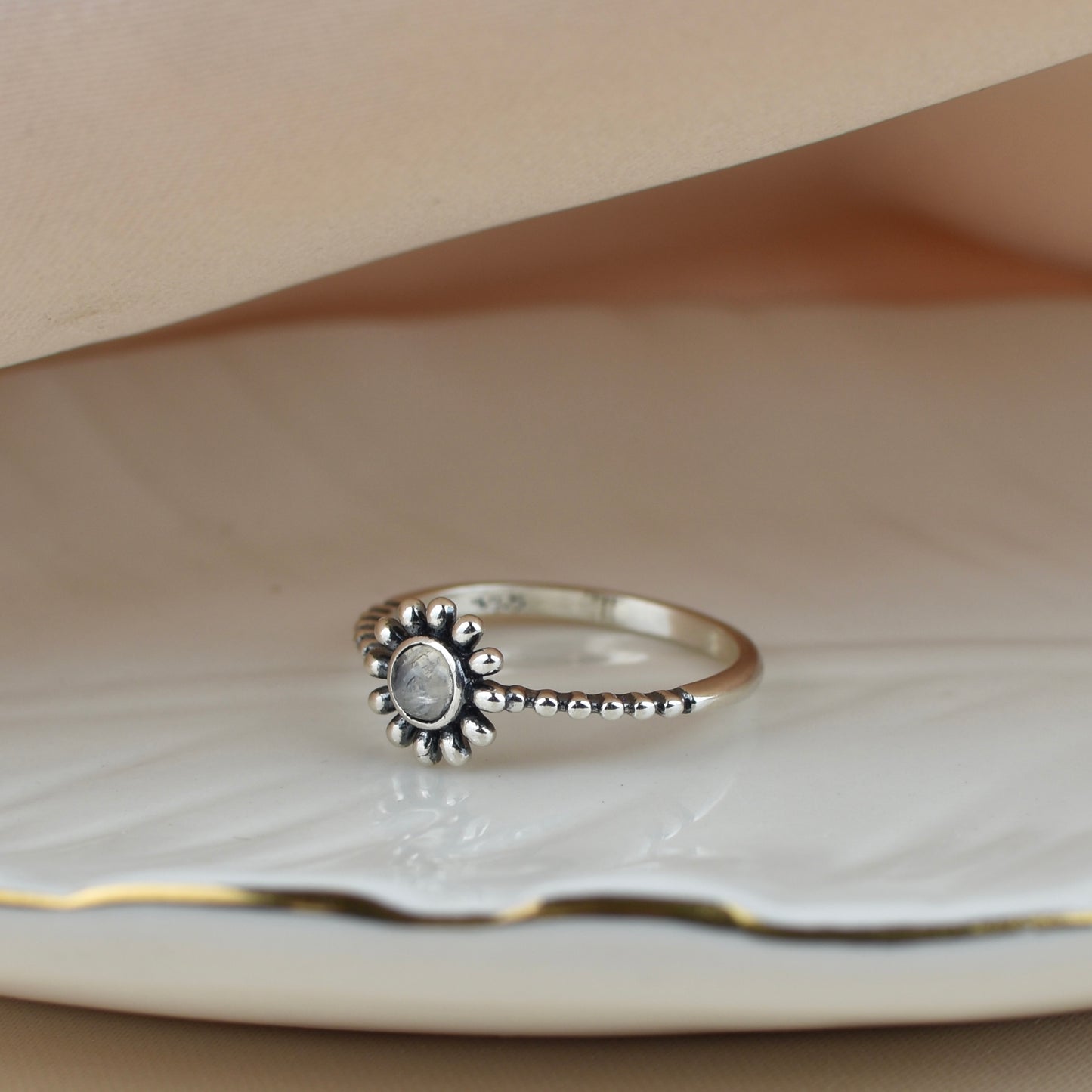 Flower Moonstone Sterling Silver Ring