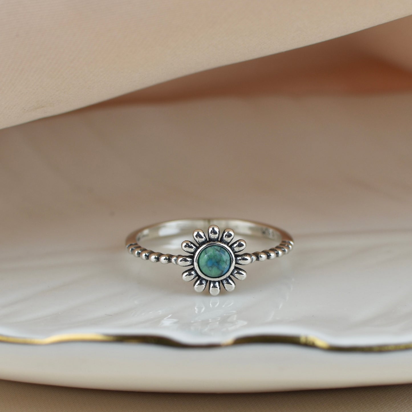 Turquoise Stone Flower Sterling Silver Ring