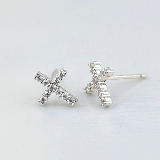 CZ Cross Sterling Silver Studs