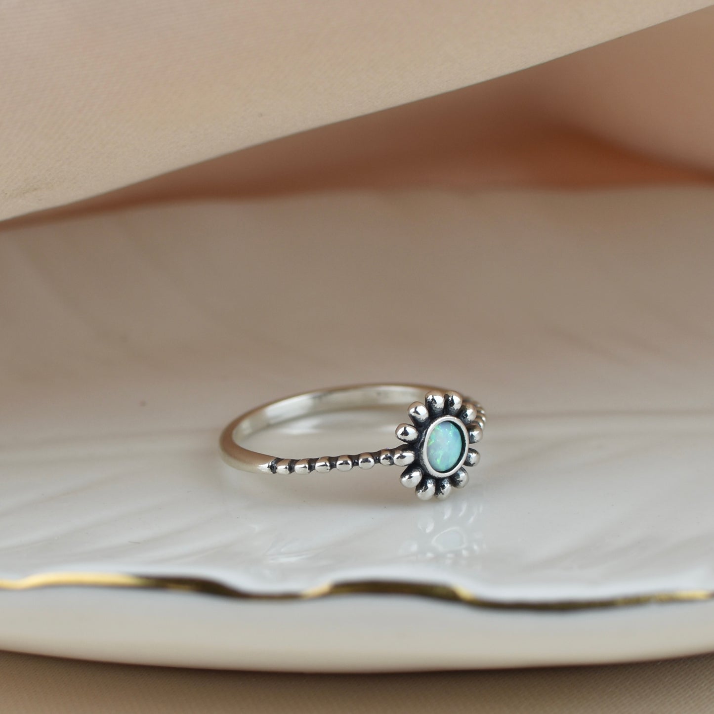 White Opal Flower Sterling Silver Ring