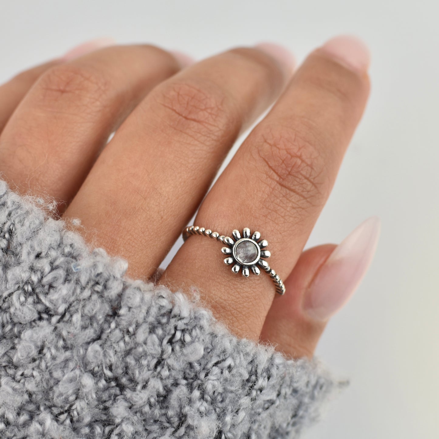 Flower Moonstone Sterling Silver Ring