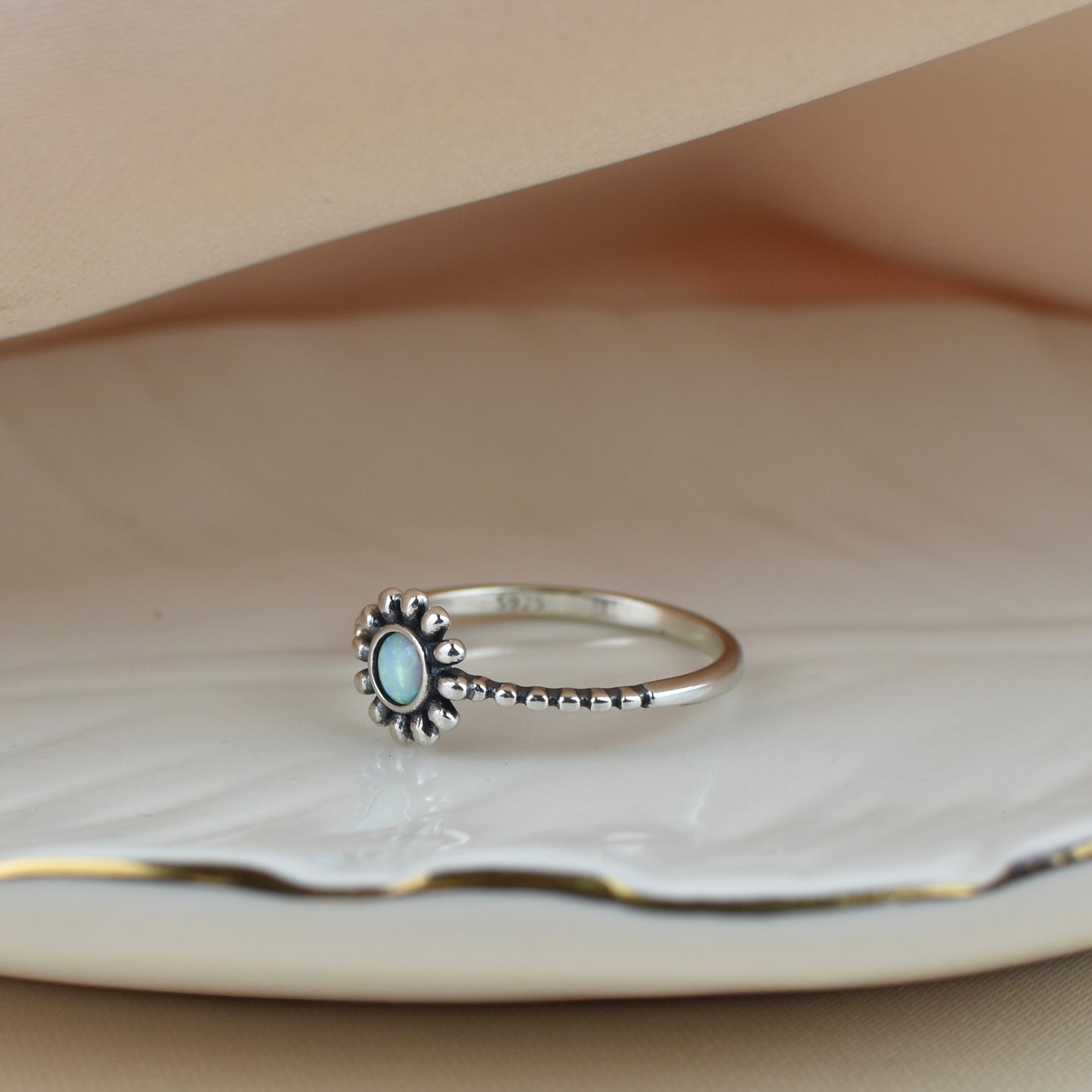 White Opal Flower Sterling Silver Ring