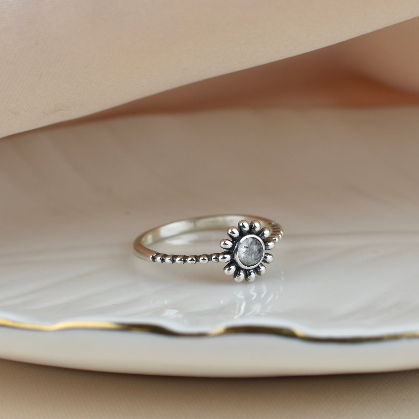 Flower Moonstone Sterling Silver Ring