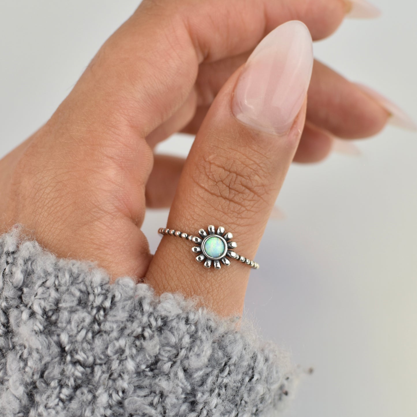 White Opal Flower Sterling Silver Ring