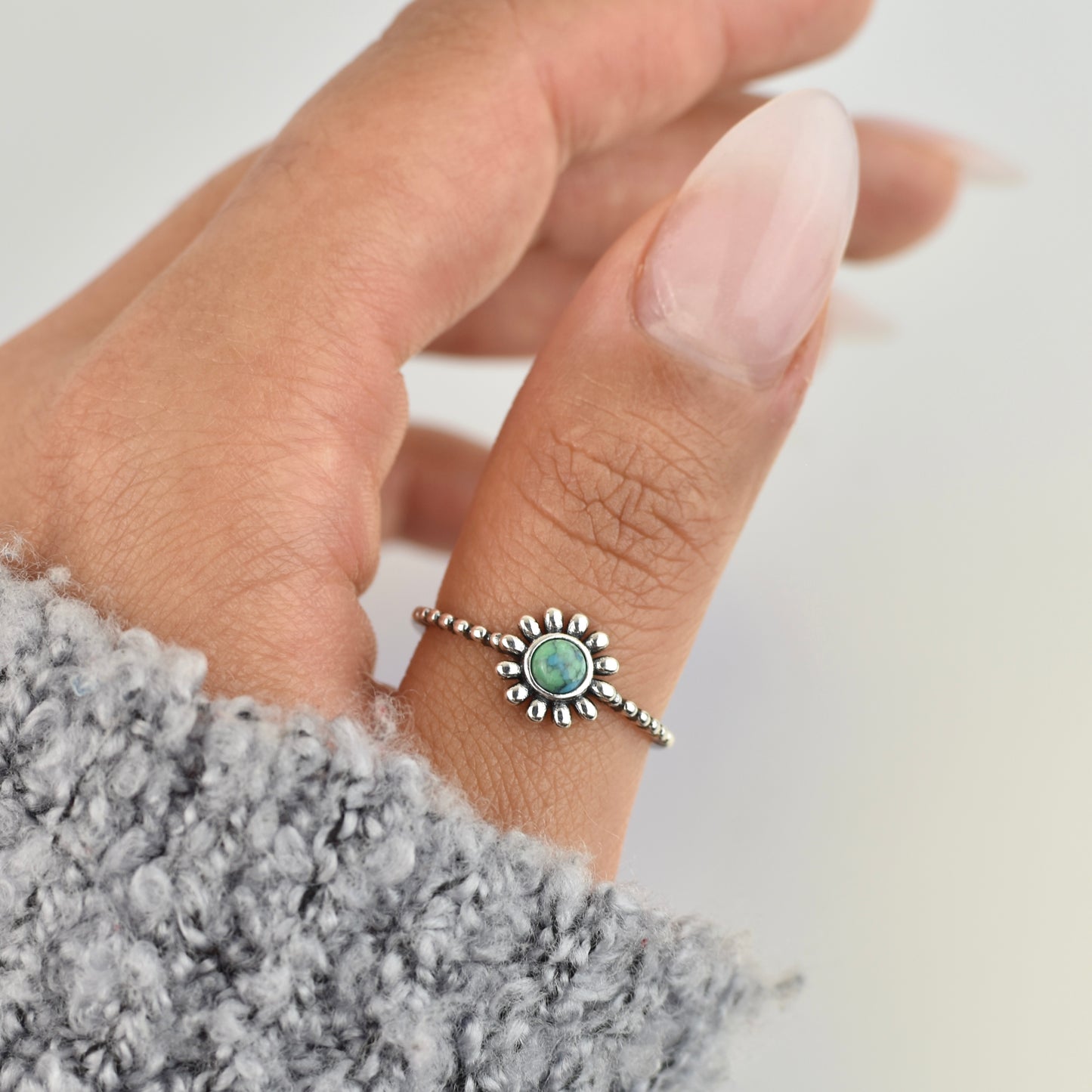 Turquoise Stone Flower Sterling Silver Ring