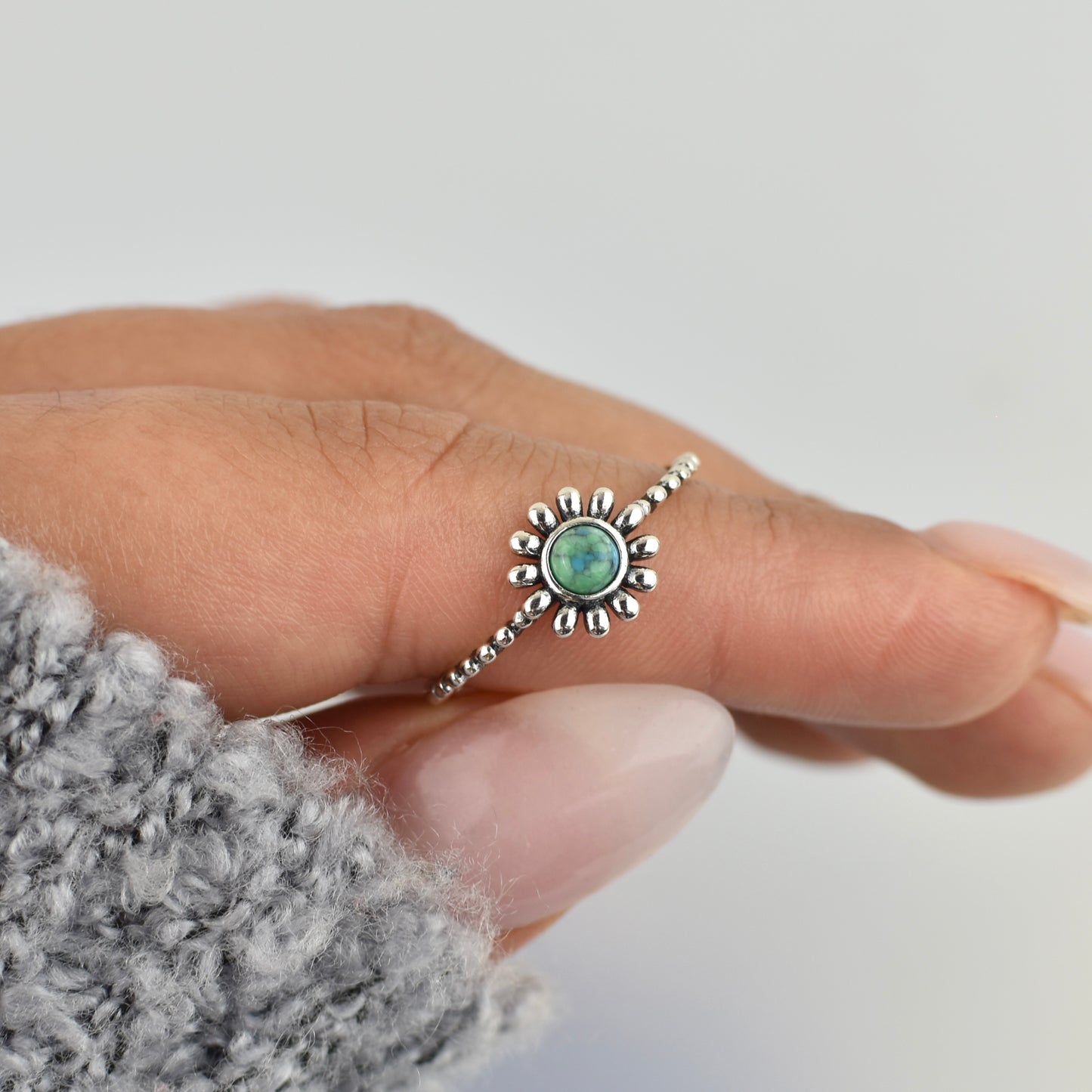 Turquoise Stone Flower Sterling Silver Ring