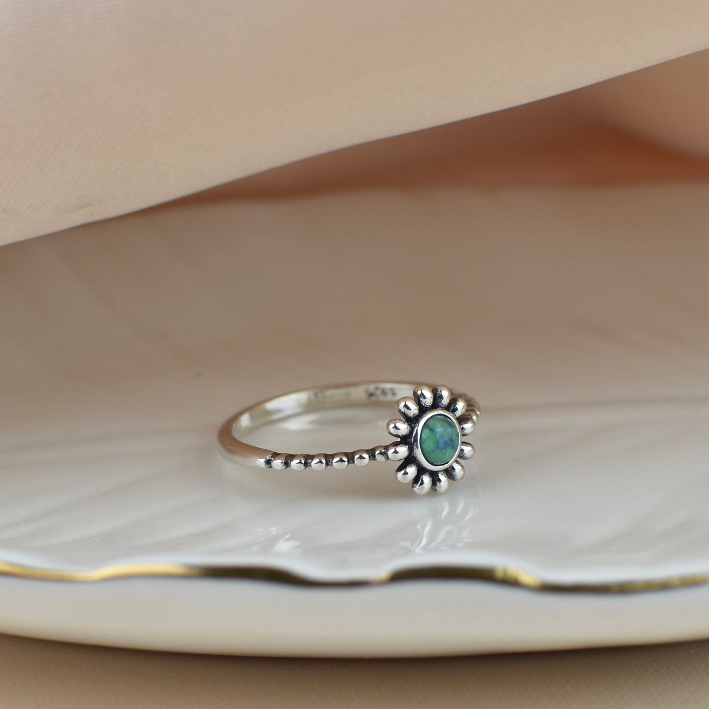 Turquoise Stone Flower Sterling Silver Ring