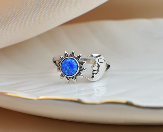 Blue Opal Moon and Star Sterling Silver Ring