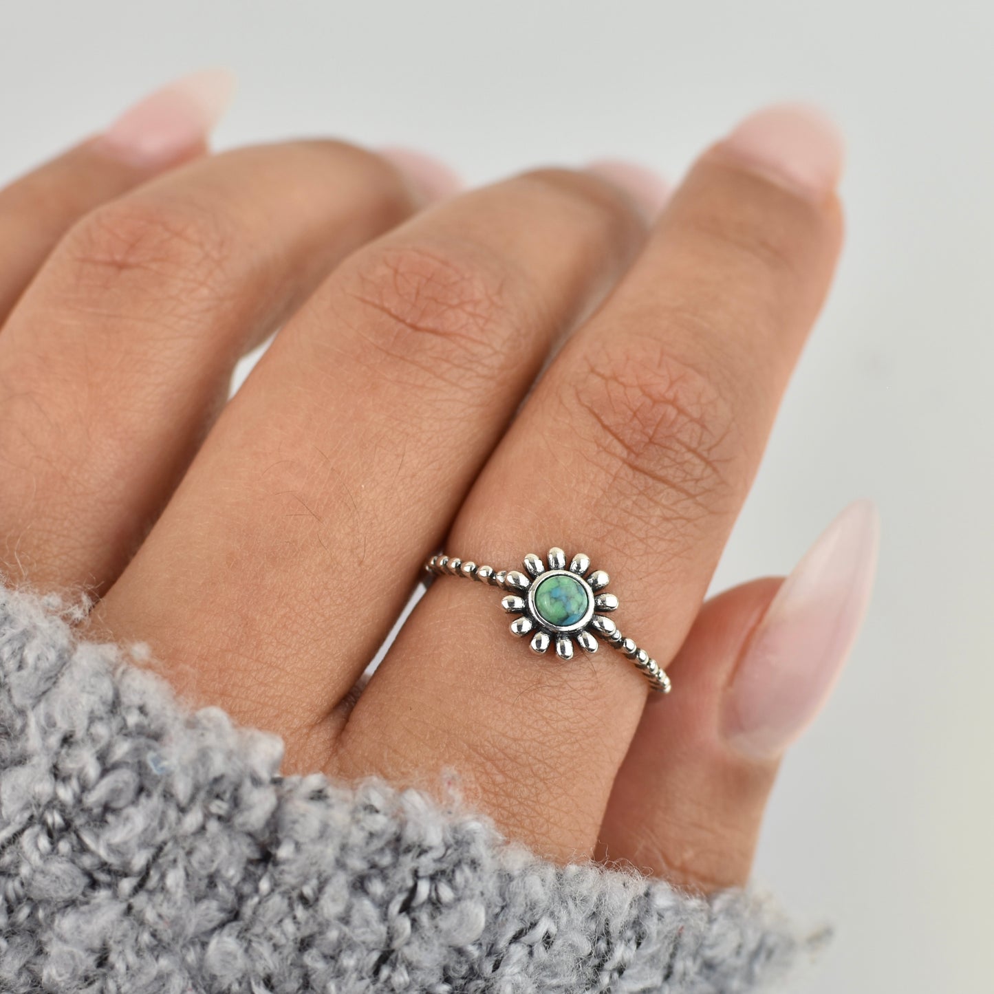 Turquoise Stone Flower Sterling Silver Ring