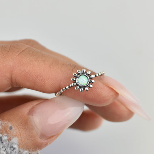 White Opal Flower Sterling Silver Ring