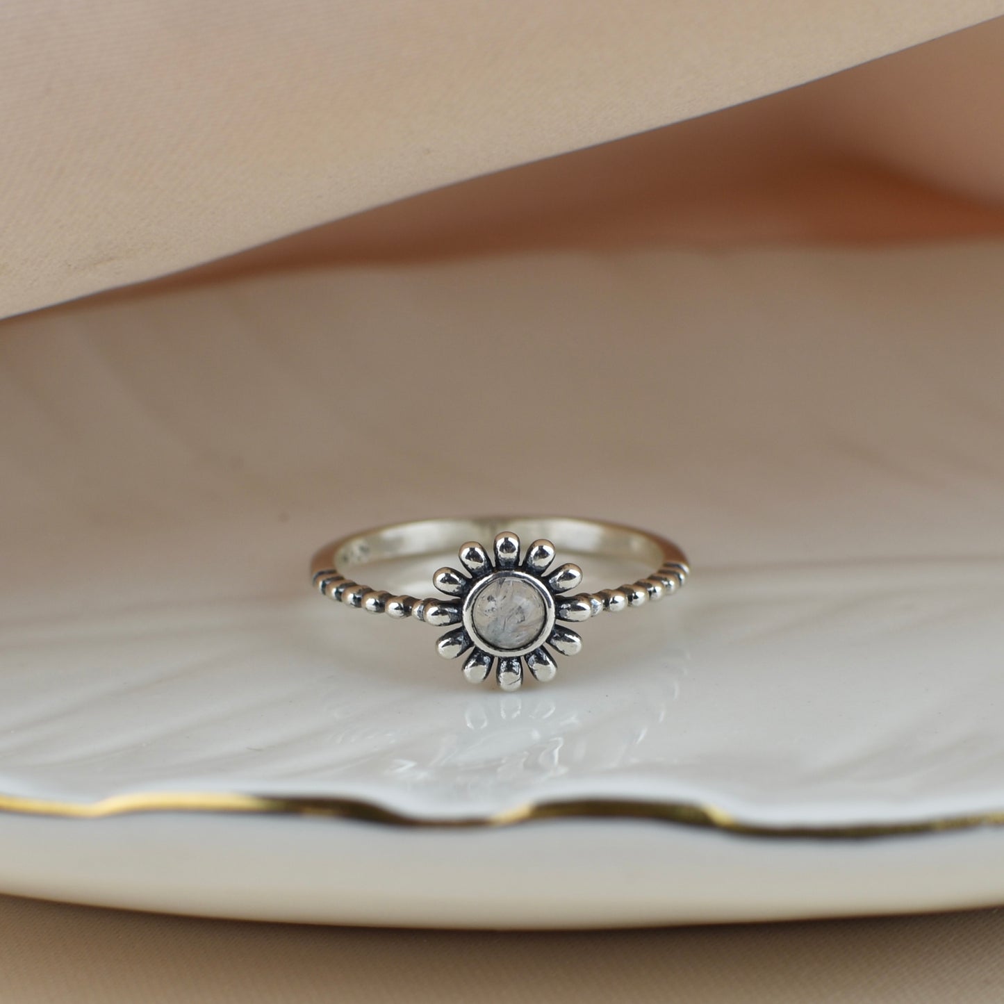 Flower Moonstone Sterling Silver Ring