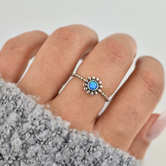 Blue Opal Flower Sterling Silver Ring