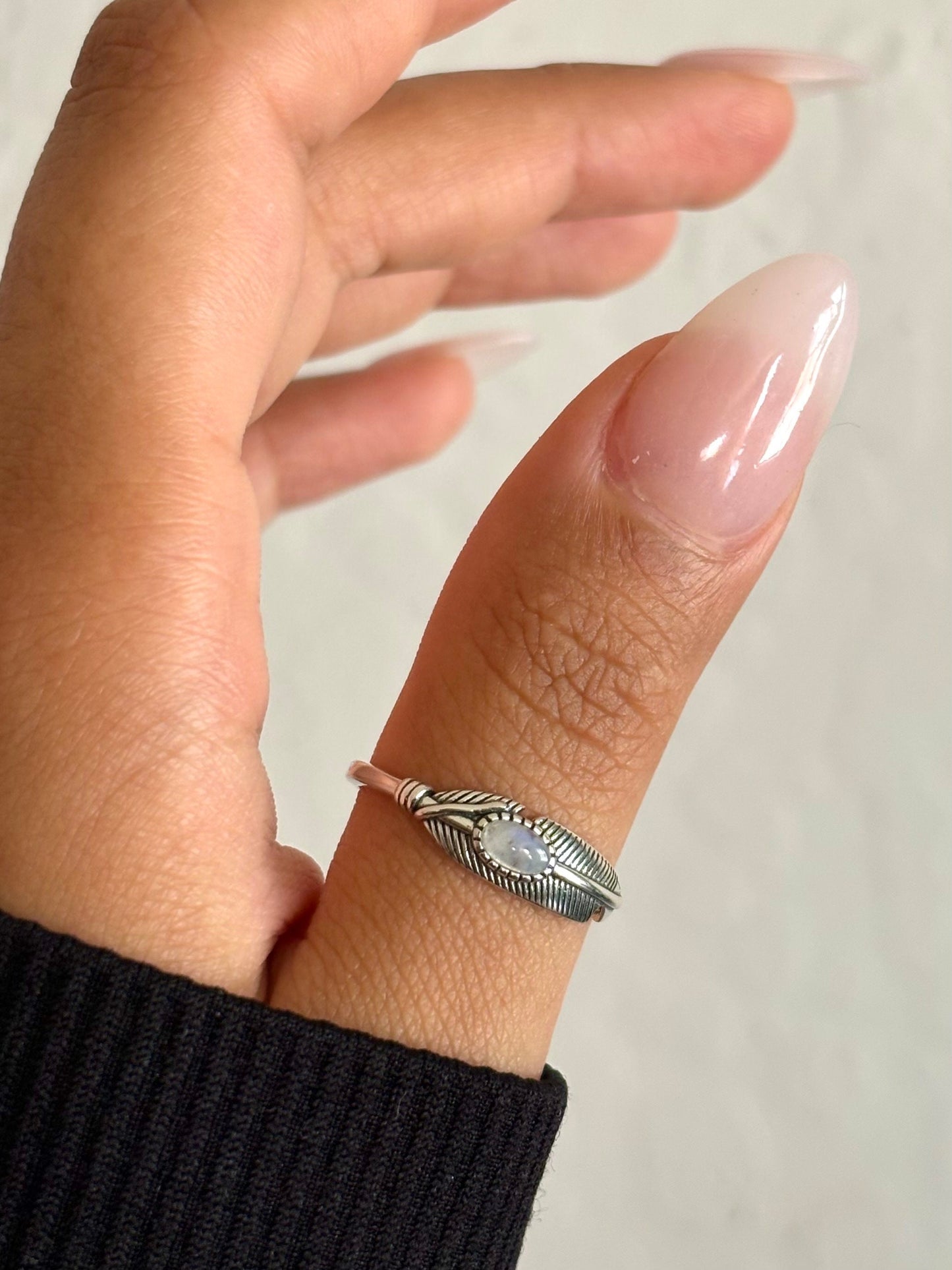 Sterling Silver Moonstone Feather Ring