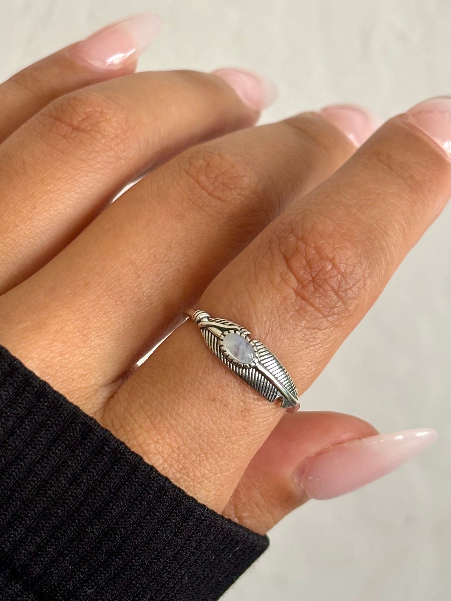 Sterling Silver Moonstone Feather Ring