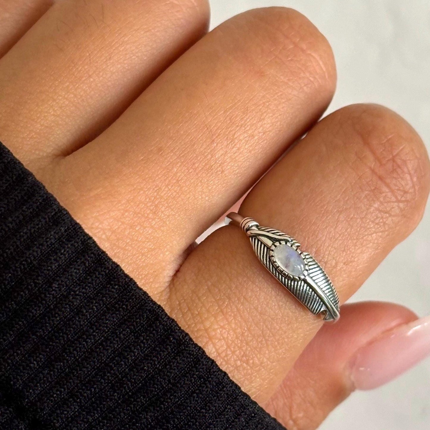 Sterling Silver Moonstone Feather Ring